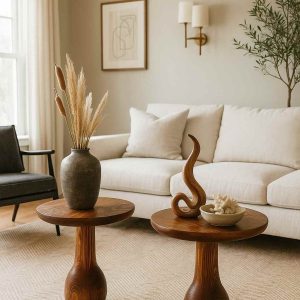 2'li Meşe Renk Masif Ahşap Yan Sehpa Doğal Zigon ve Fiskos Seti