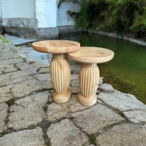 Masif Doğal Ahşap Yan Sehpa 2’li Naturel Renk Zigon ve Fiskos
