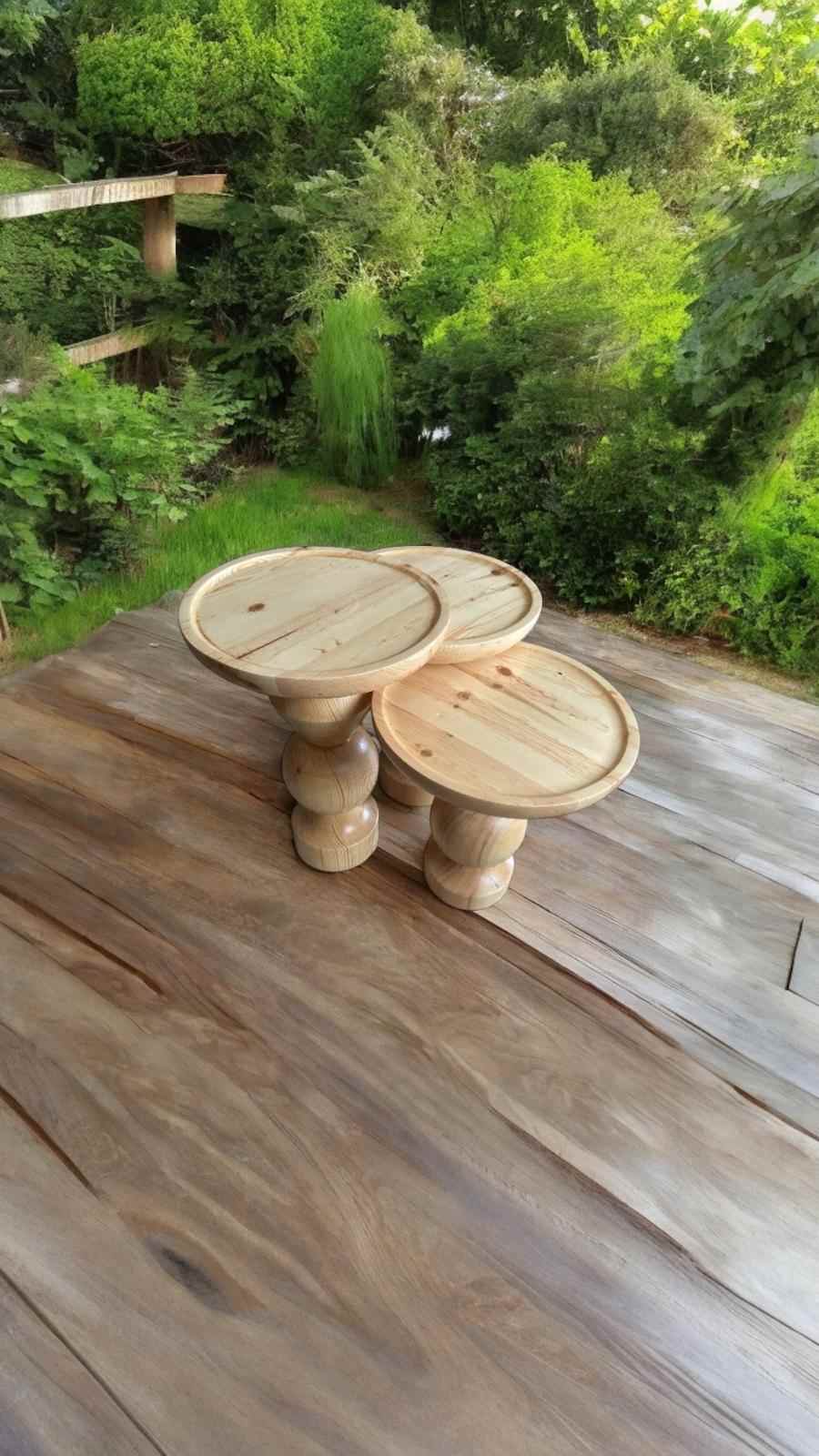 Ahşap Yan Sehpa 3’lü Set Naturel Renk Zigon ve Fiskos - Görsel 5