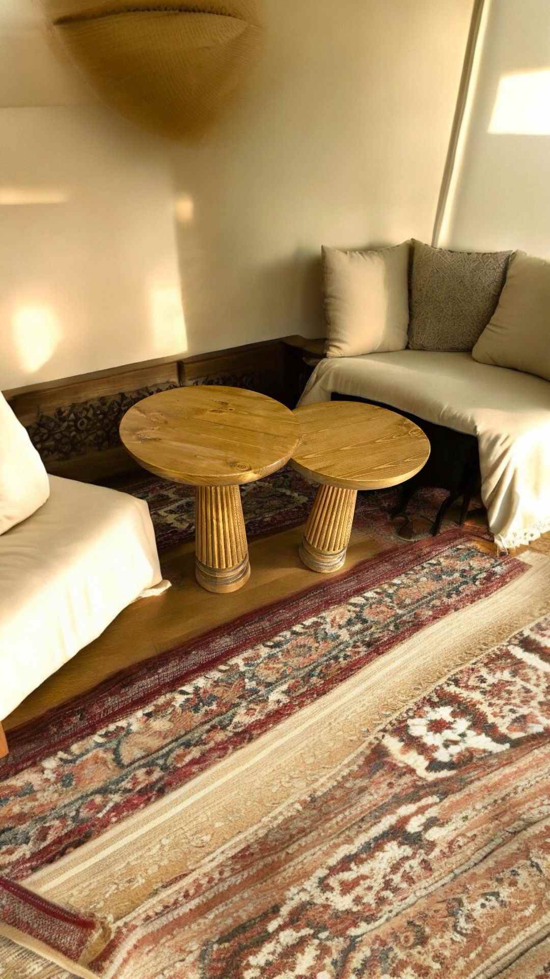 Doğal Masif Ahşap Mantar Sehpa 2’li Tütün Renk Zigon ve Fiskos - Görsel 3