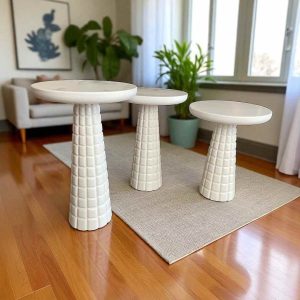 Ahşap Beyaz Mantar Yan Sehpa – 3’lü El Yapımı Sehpa Seti