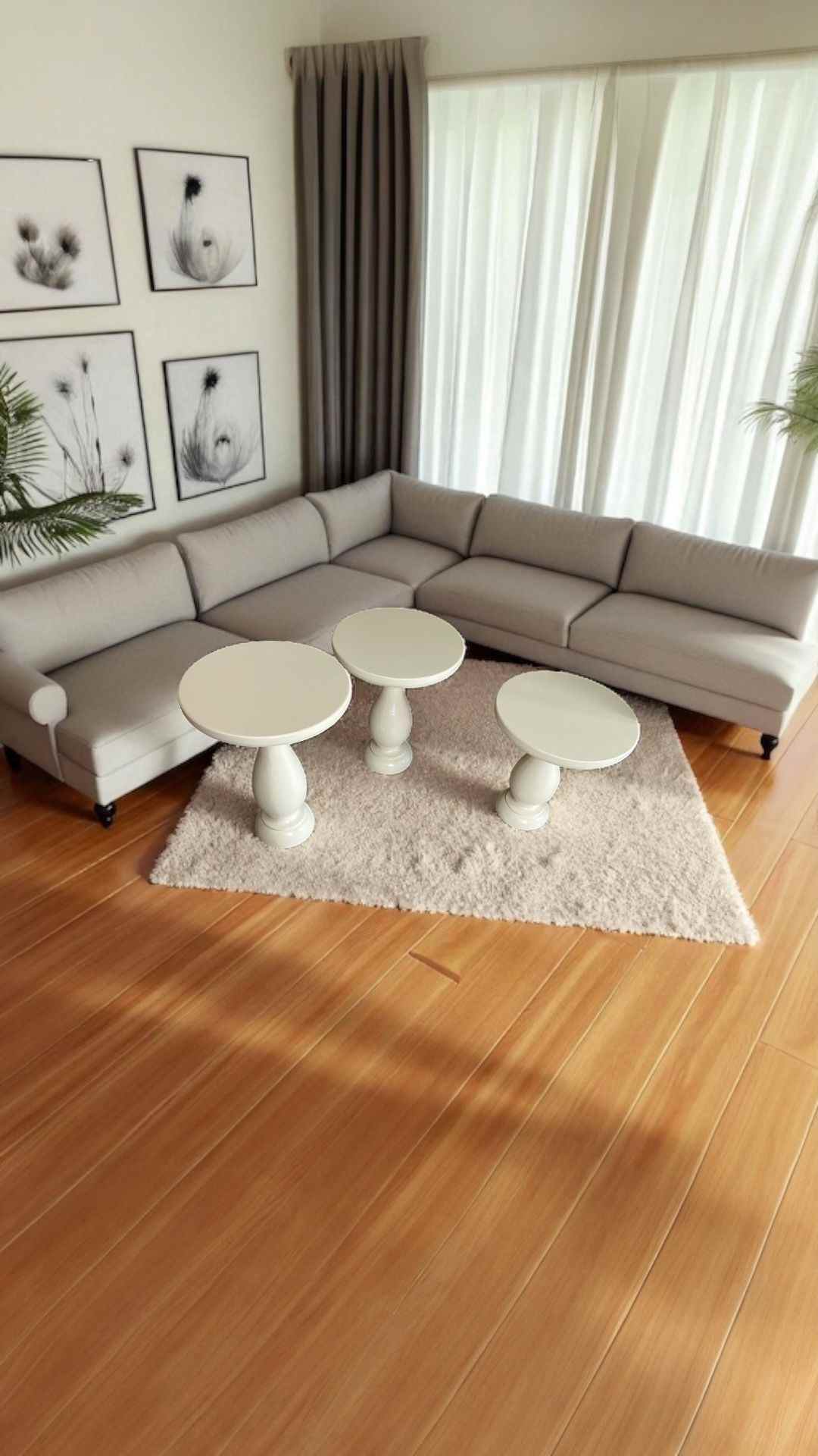 El Yapımı 3'lü Set Krem Renk Ahşap Yan Sehpa Takımı - Görsel 3
