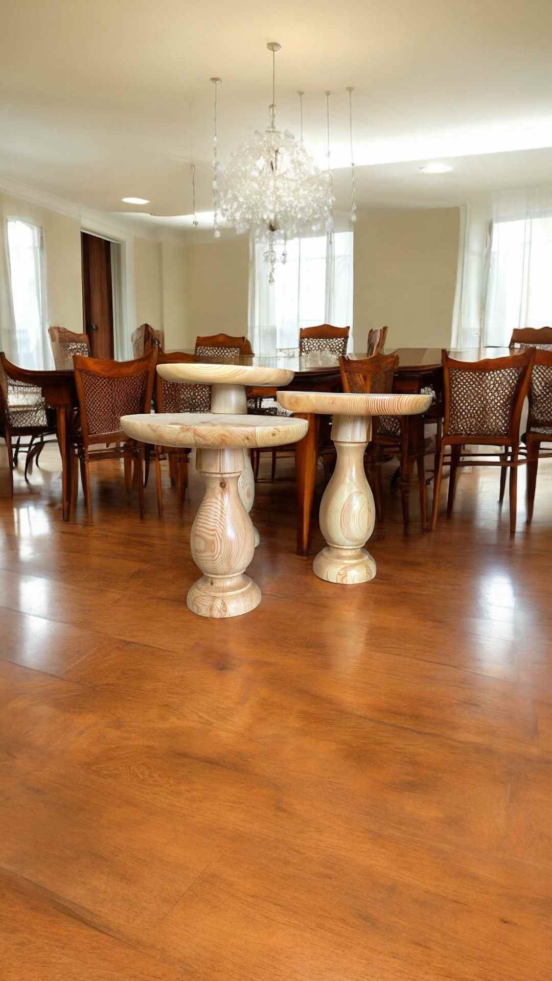 3lu Ahşap Yan Sehpa Seti Naturel Renk Mantar Sehpa Takımı